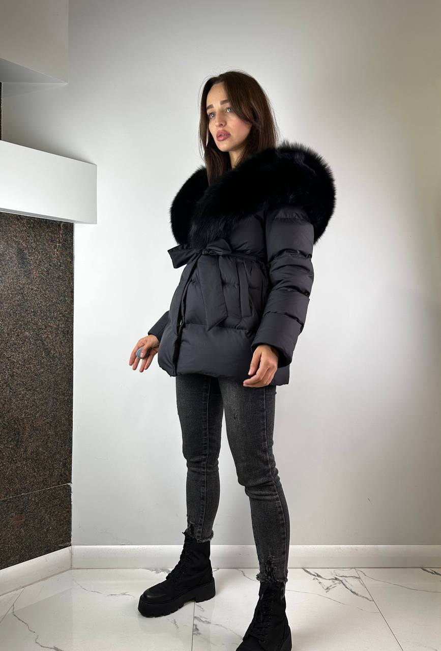Black Down Jacket for women with Black fur Baltic 75 cm