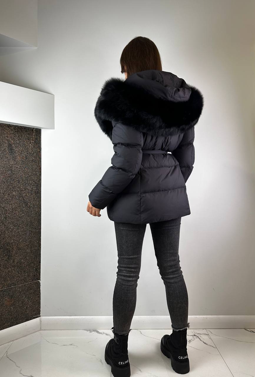 Black Down Jacket for women with Black fur Baltic 75 cm