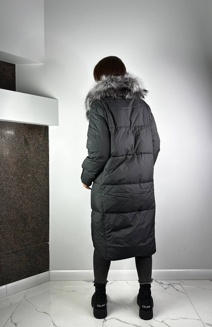 Black Down Jacket with Silver fox for women Baltic 105 cm