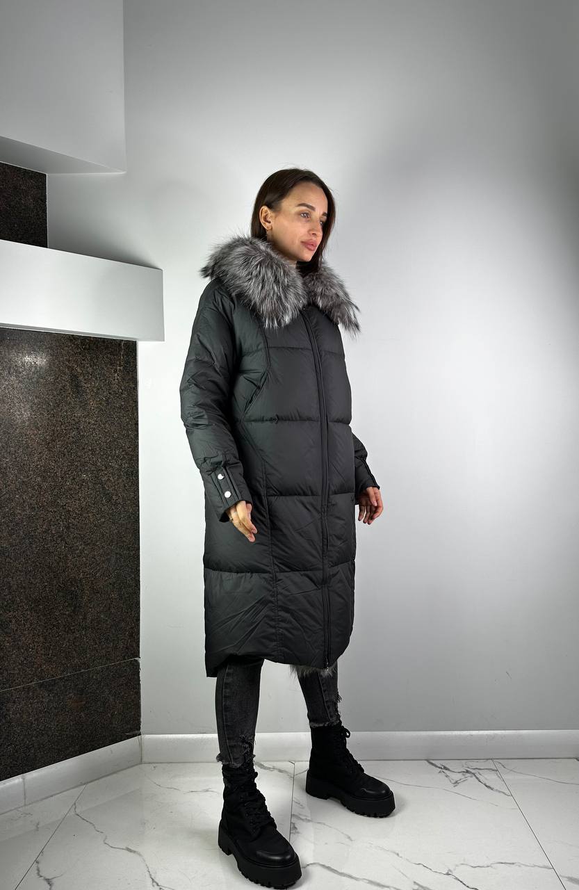 Black Down Jacket with Silver fox for women Baltic 105 cm