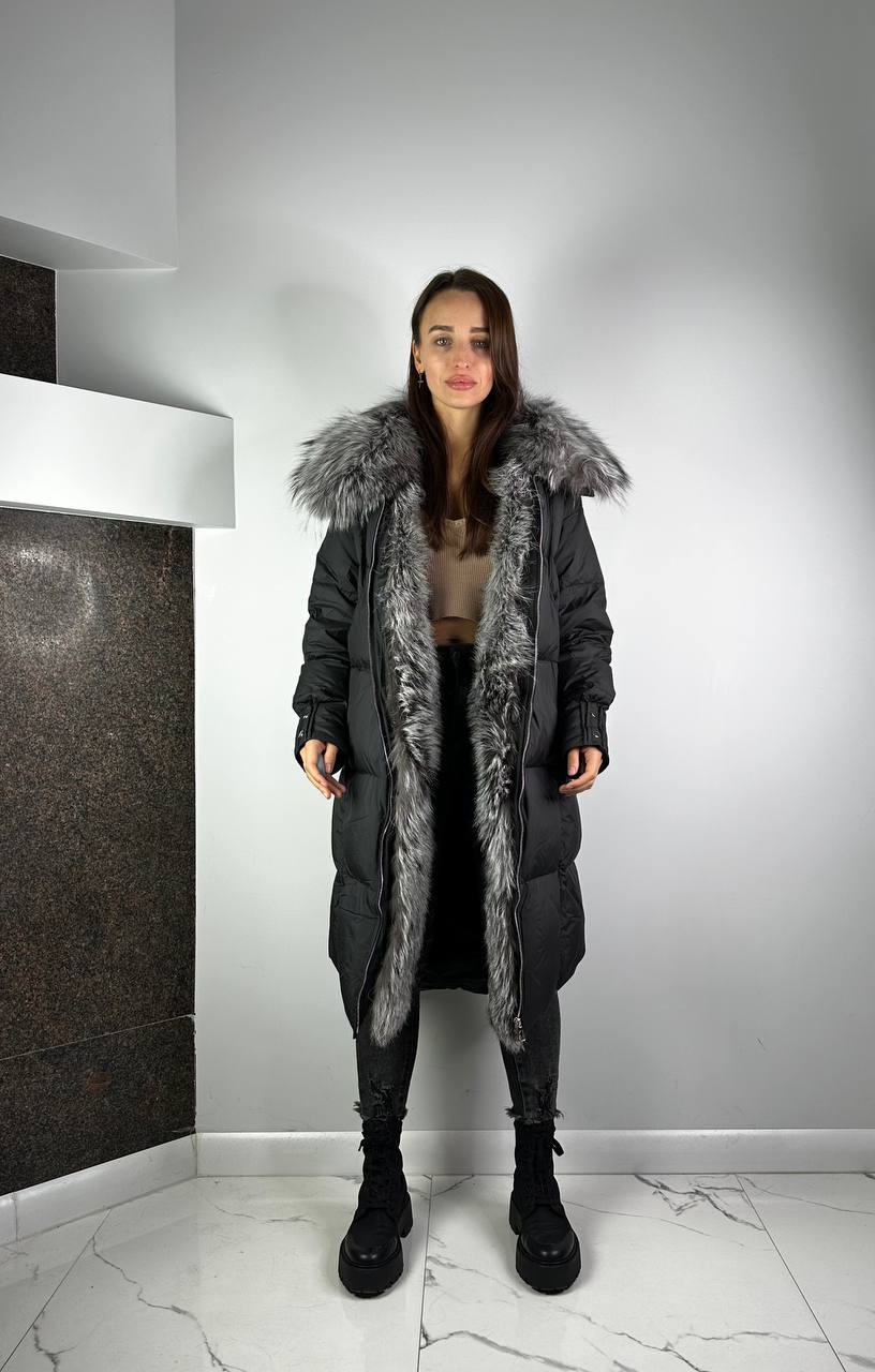 Black Down Jacket with Silver fox for women Baltic 105 cm