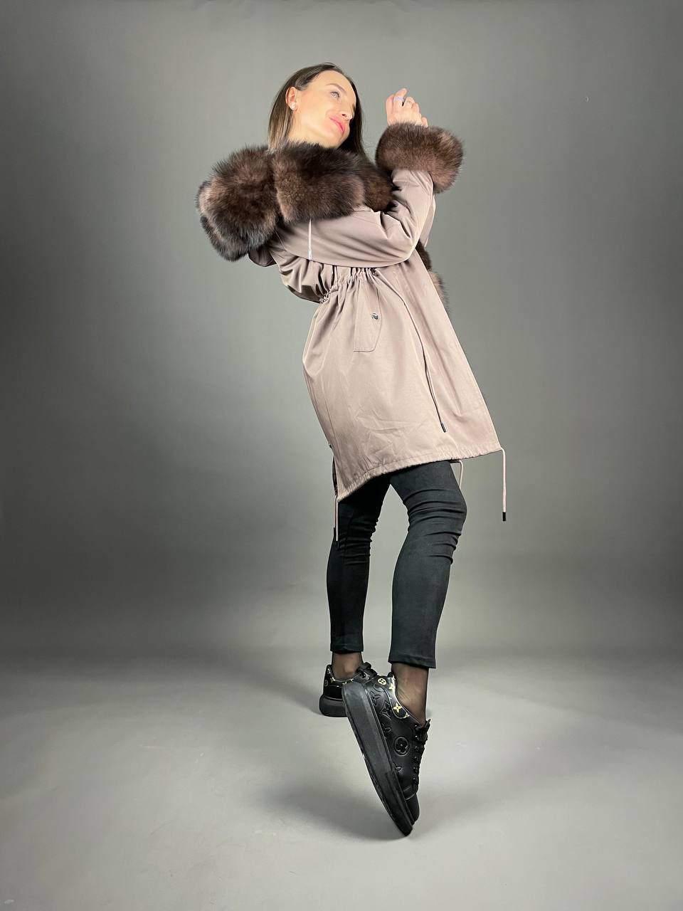 Parka Baltic Classic Cappuccino with Brown Artic fur and lining with Rex rabbit fur for women 105 cm