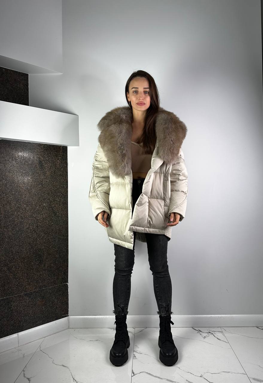 Beigie Down Jacket with Beige Artic fur Lucky for woman Baltic 80 cm