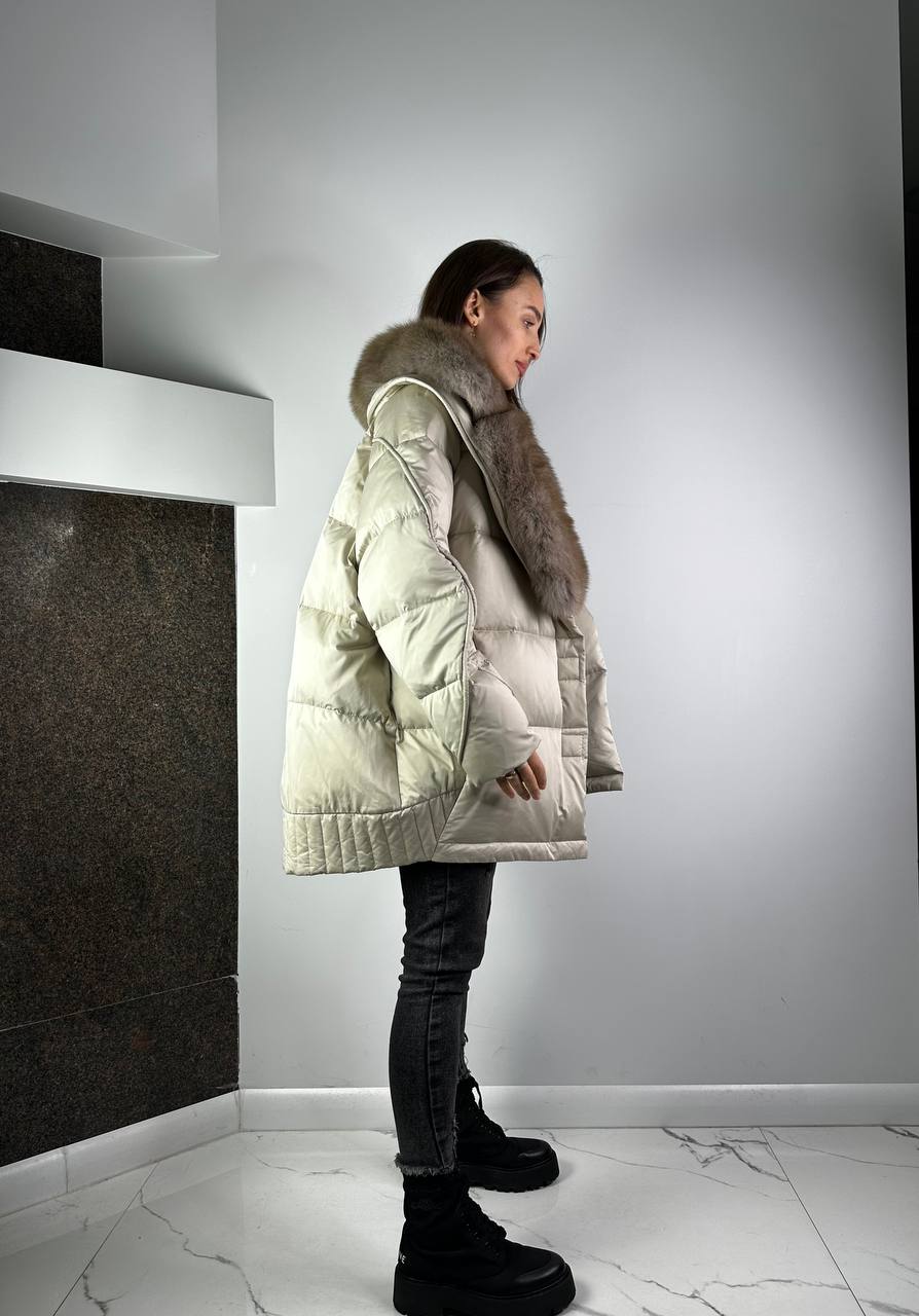 Beigie Down Jacket with Beige Artic fur Lucky for woman Baltic 80 cm