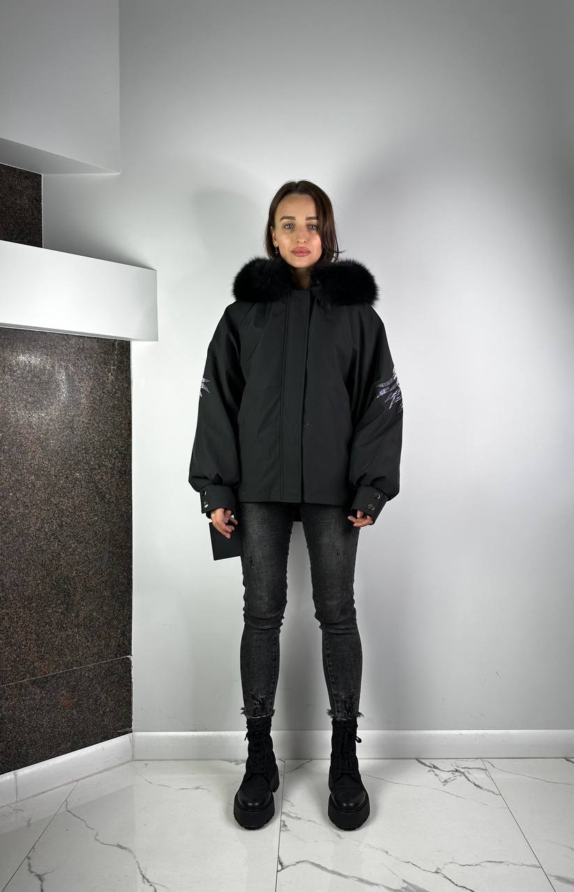 Women's Black Wings Down Jacket with fur