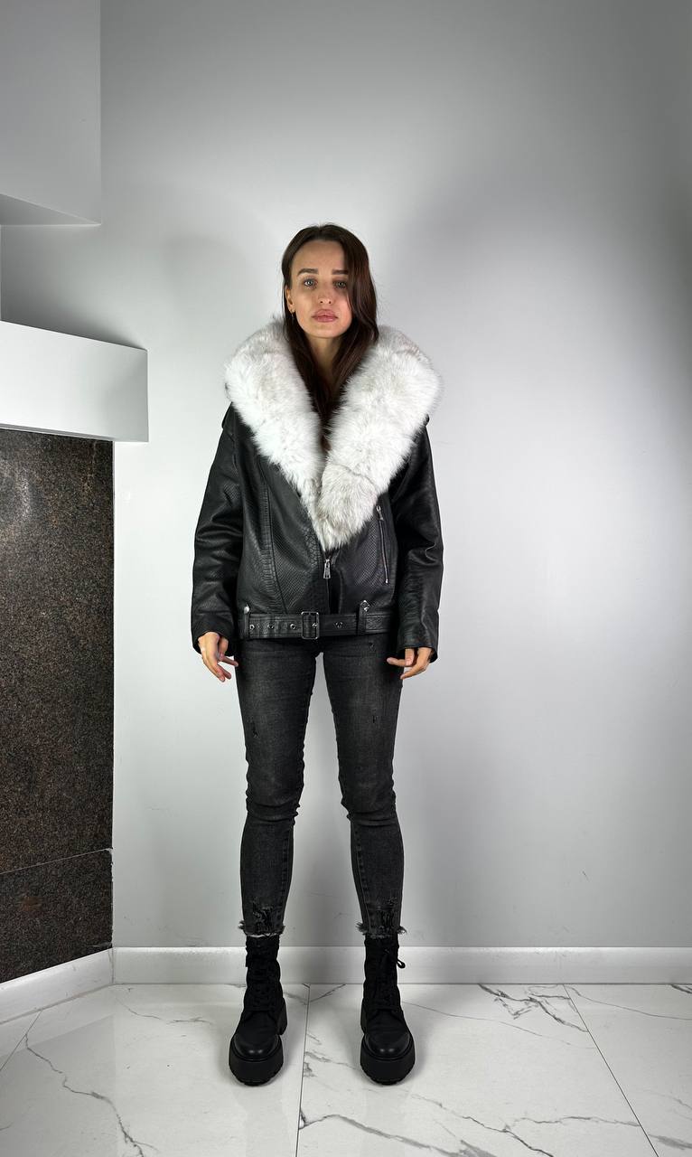 Leather jacket with Natural Artic Fox fur Black / White for women 01650