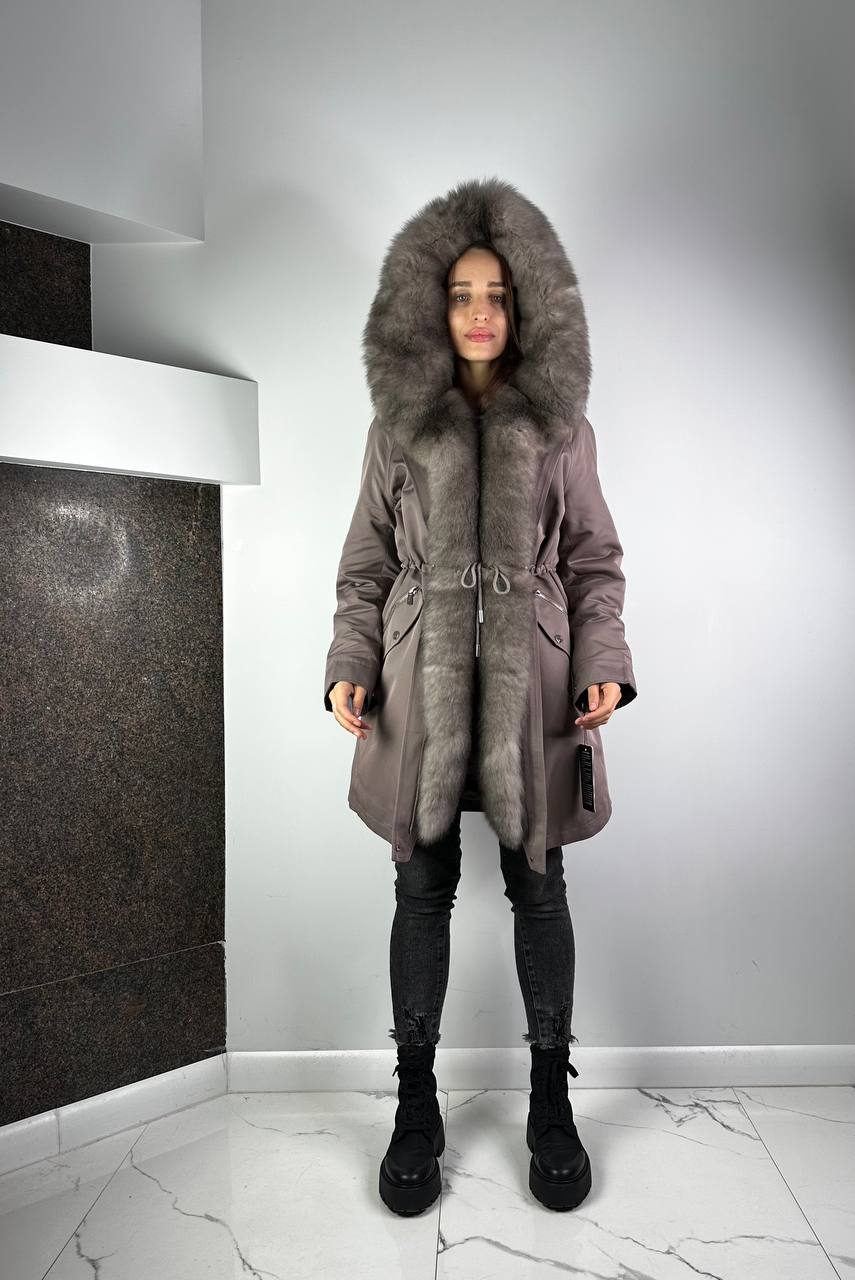 Parka Baltic XM Cappuccino with Grey Artic fur and lining Rex rabbit fur for women 90 cm