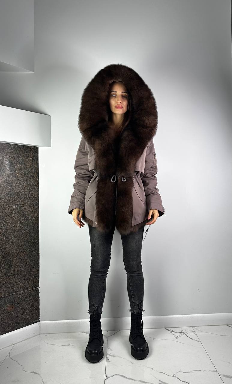 Parka Baltic XM Cappuccino with Brown Artic fur and lining REX Rabbit Fur for women 70 cm