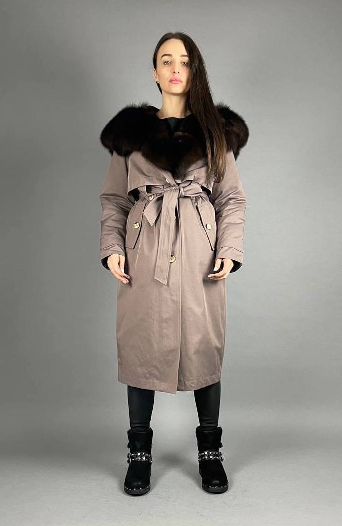 PARKA-TRENCH Baltic Cappuccino with Brown Artic fur and linig Rex rabbit fur for women 110 cm