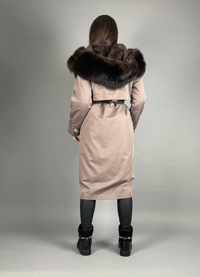 PARKA-TRENCH Baltic Cappuccino with Brown Artic fur and linig Rex rabbit fur for women 110 cm