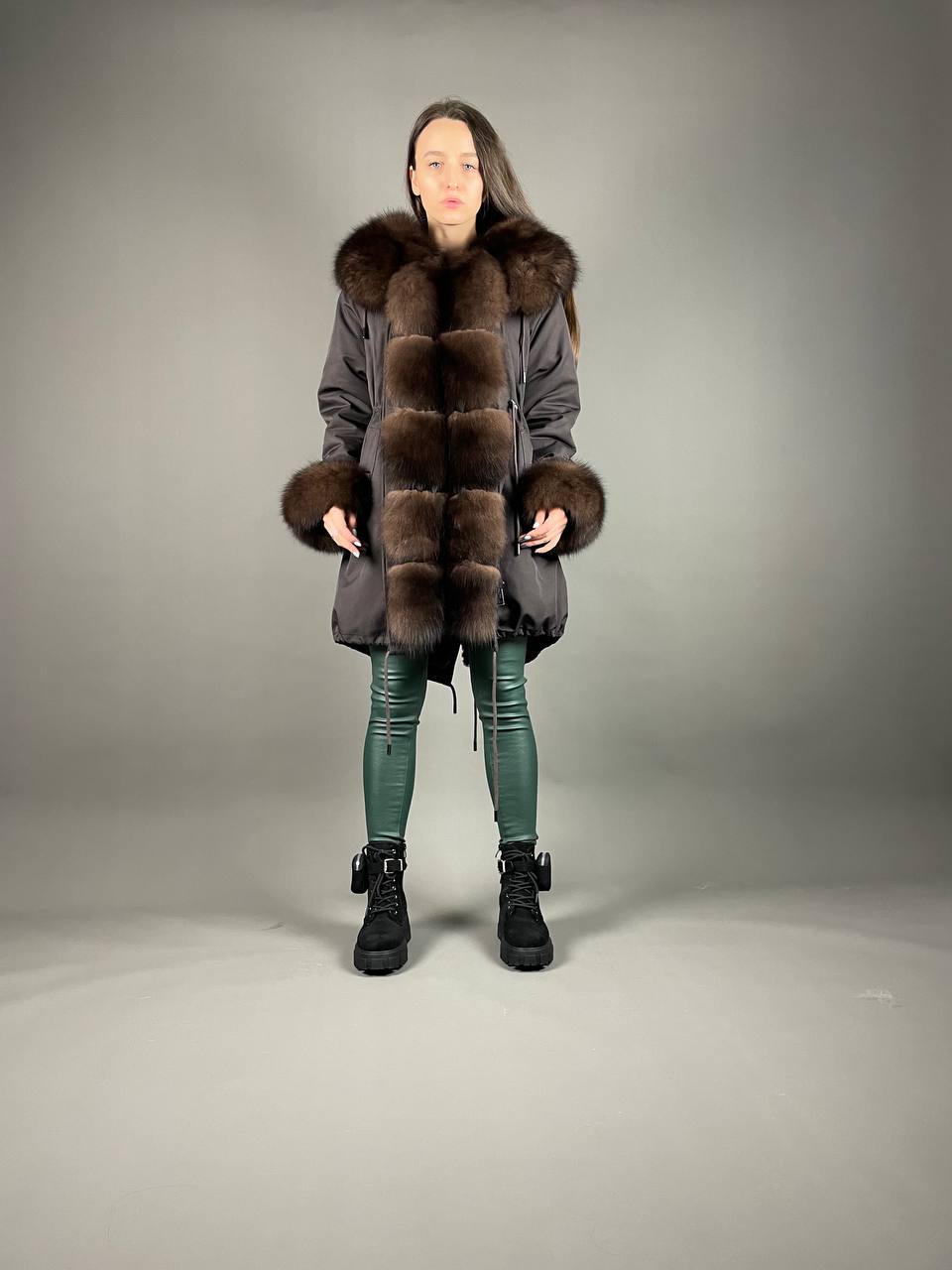 PARKA Baltic Classic Brown with Brown Artic fur and lining Rex rabbit fur for women 95 cm