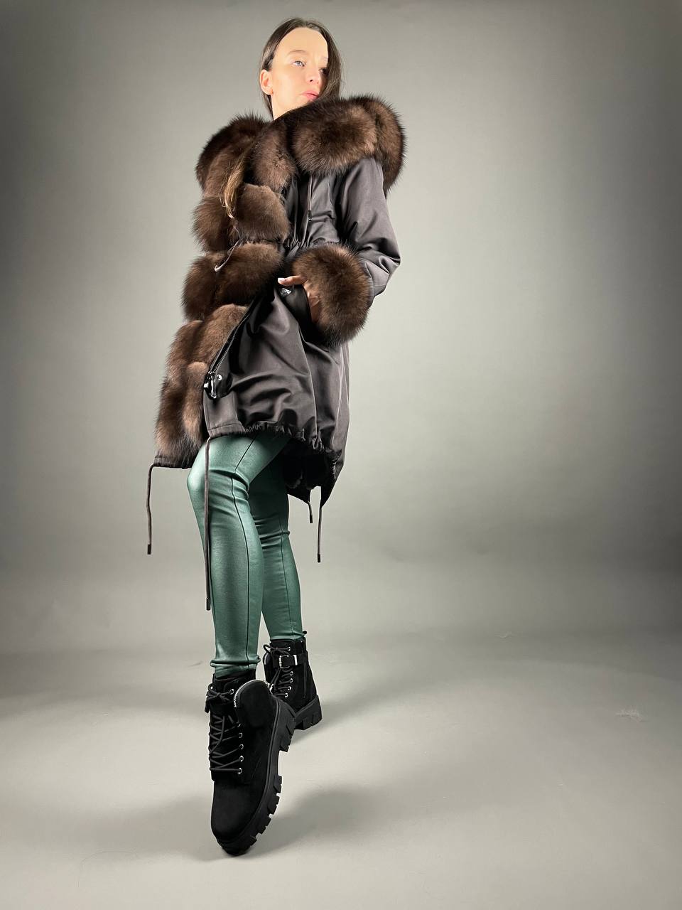 PARKA Baltic Classic Brown with Brown Artic fur and lining Rex rabbit fur for women 95 cm