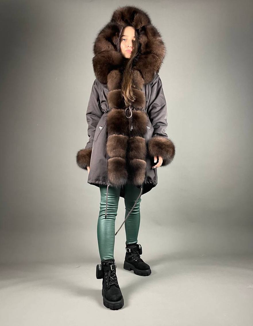 PARKA Baltic Classic Brown with Brown Artic fur and lining Rex rabbit fur for women 95 cm