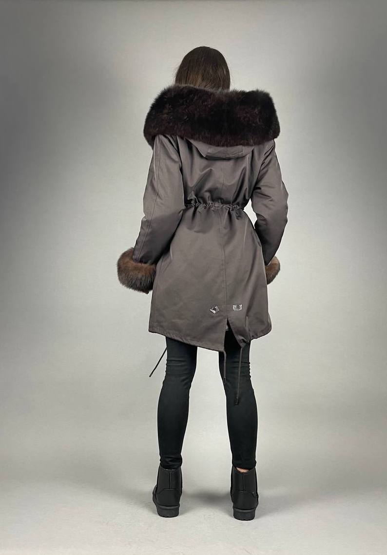 PARKA Baltic Classic Brown with Brown Artic fur and lining Rex rabbit fur for women 95 cm