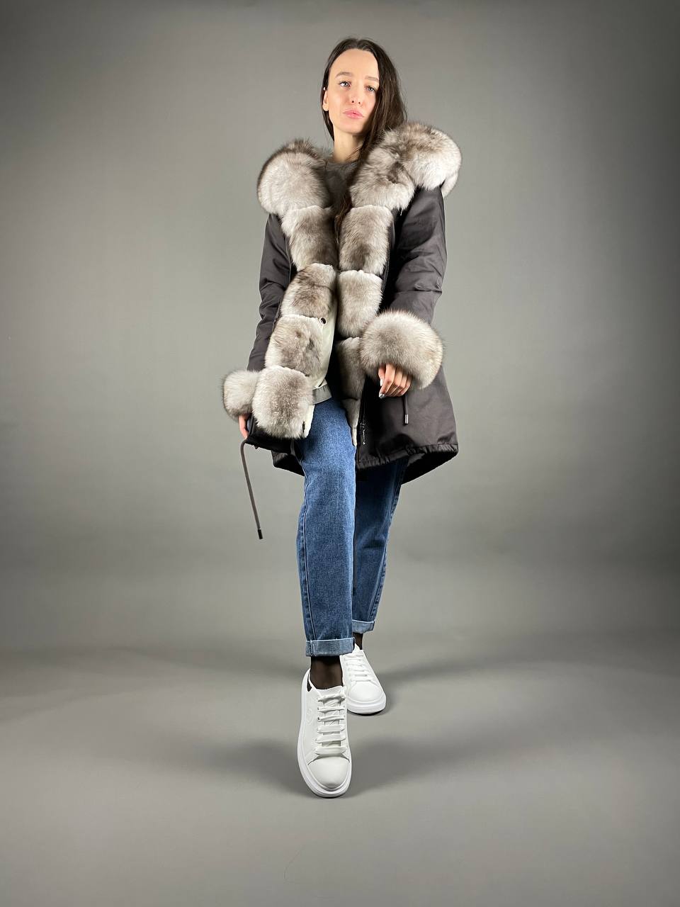 Parka Baltic Classic Brown with Beigie Artic fur and lining Rex rabbit fur for women 95 cm