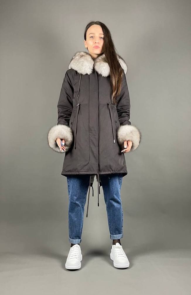 Parka Baltic Classic Brown with Beigie Artic fur and lining Rex rabbit fur for women 95 cm