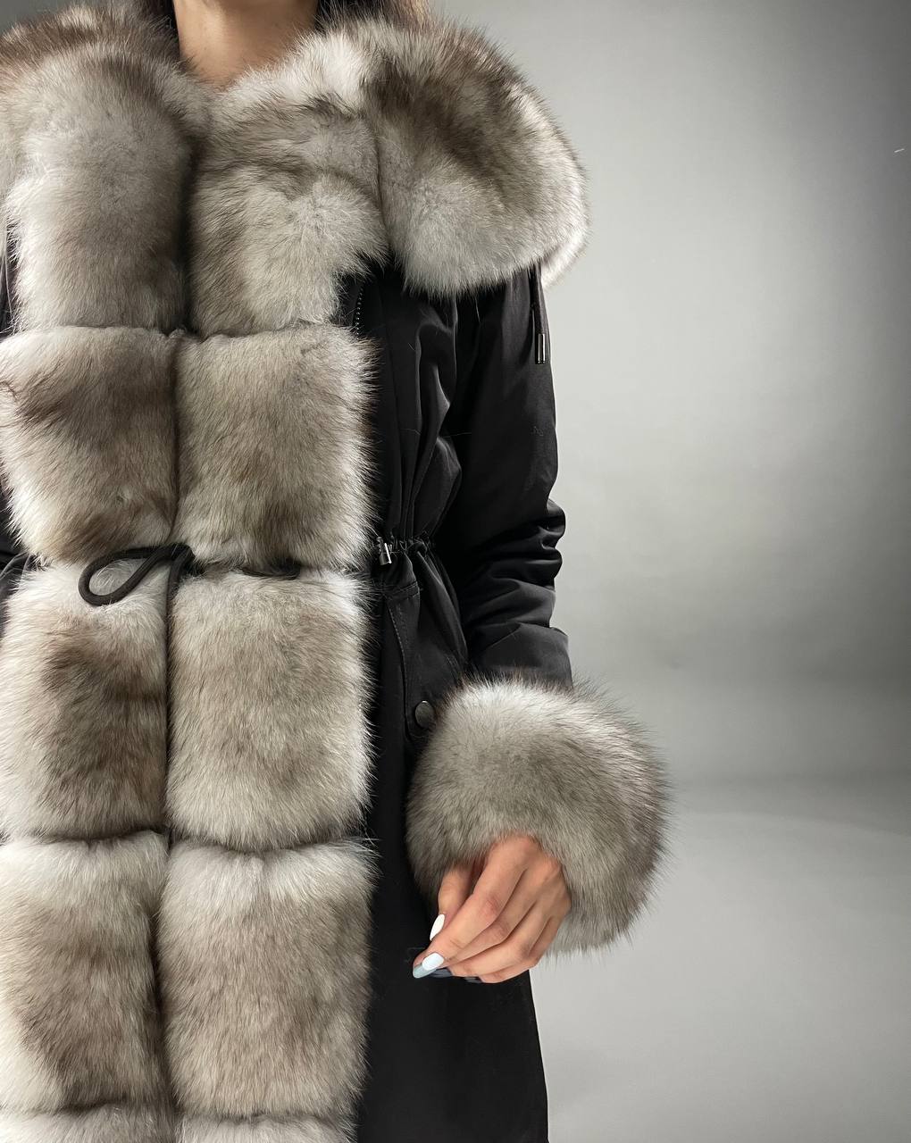 Parka Baltic Classic Brown with Beigie Artic fur and lining Rex rabbit fur for women 95 cm