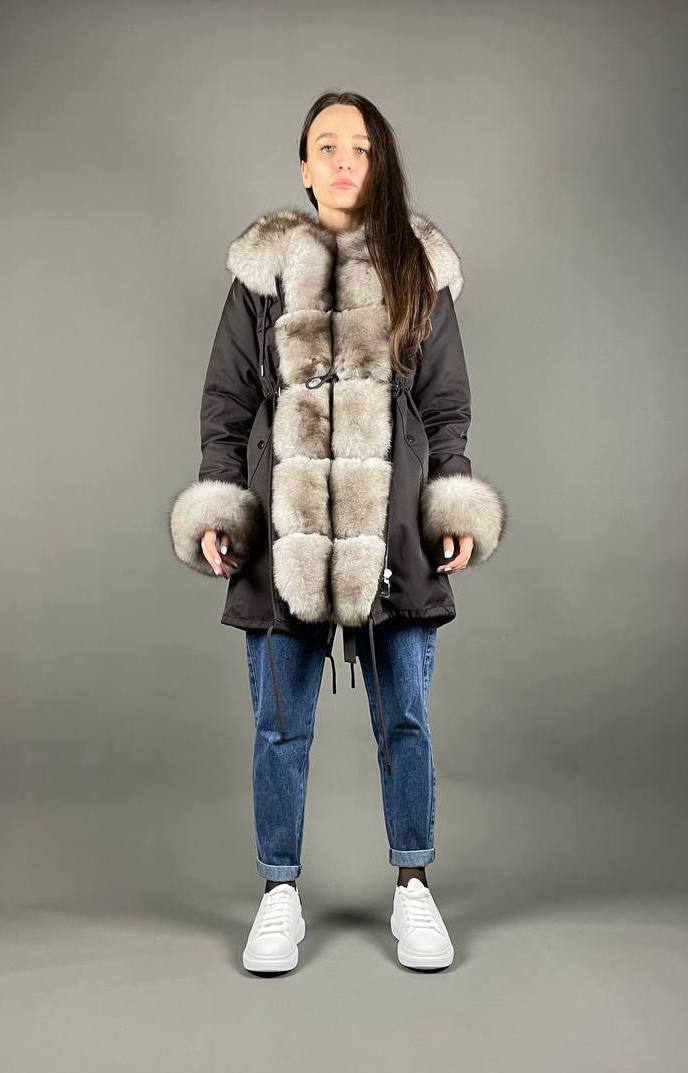 Parka Baltic Classic Brown with Beigie Artic fur and lining Rex rabbit fur for women 95 cm