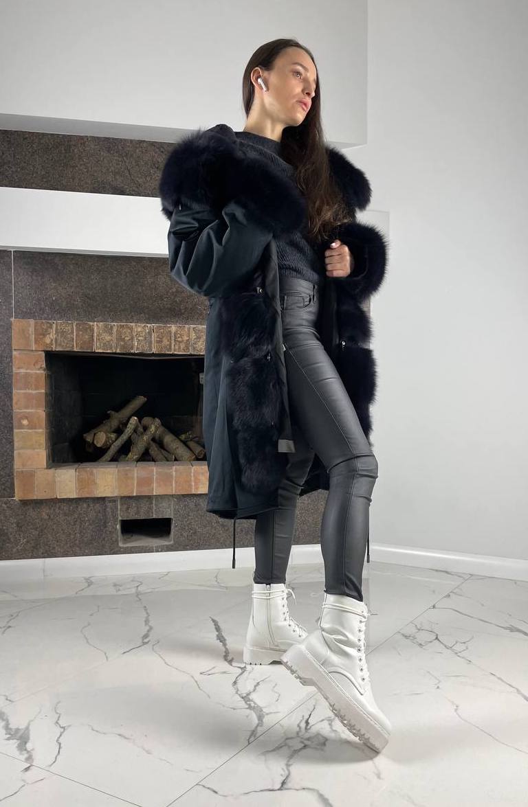 Parka Baltic Classic Dark Blue with Dark Graphite Artic fur and lining Rex fur for women 95 cm