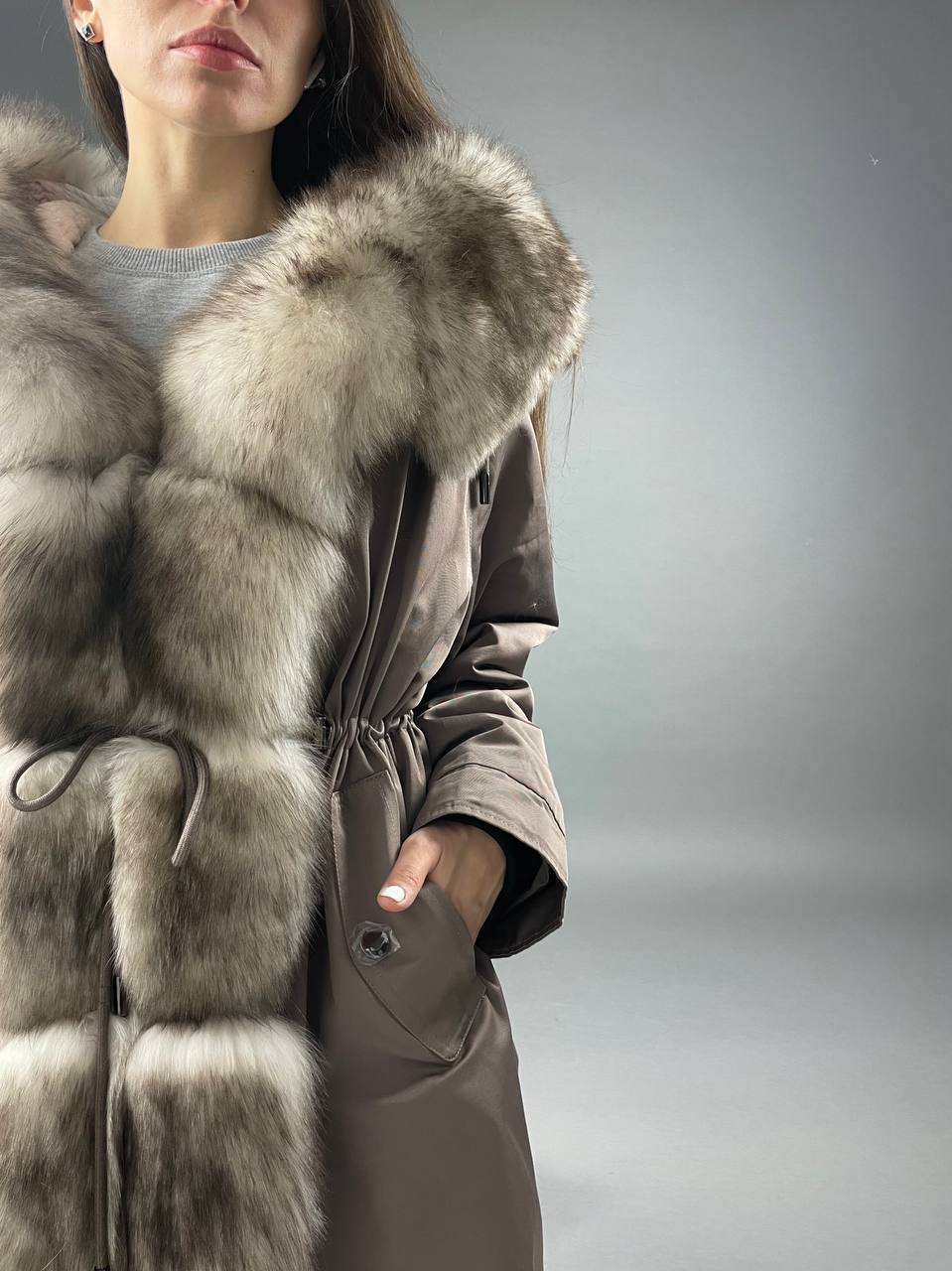 Parka Baltic Classic Cappuccino with beigie Artic fur and lining Rex rabbit fur for women 110 cm