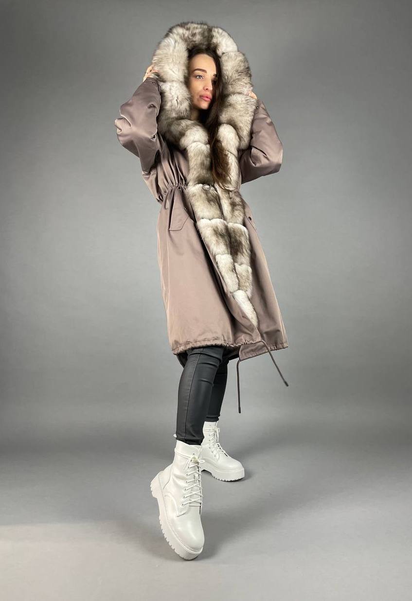 Parka Baltic Classic Cappuccino with beigie Artic fur and lining Rex rabbit fur for women 110 cm