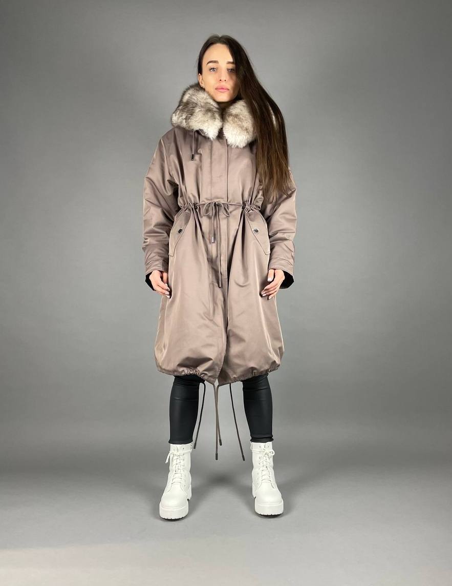 Parka Baltic Classic Cappuccino with beigie Artic fur and lining Rex rabbit fur for women 110 cm
