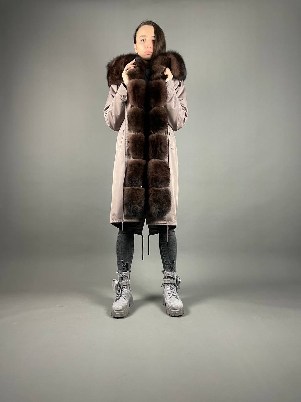 Parka Baltic Classic Cappucino with Brown Artic fur and lining Rex rabbit fur for women 110 cm 01681