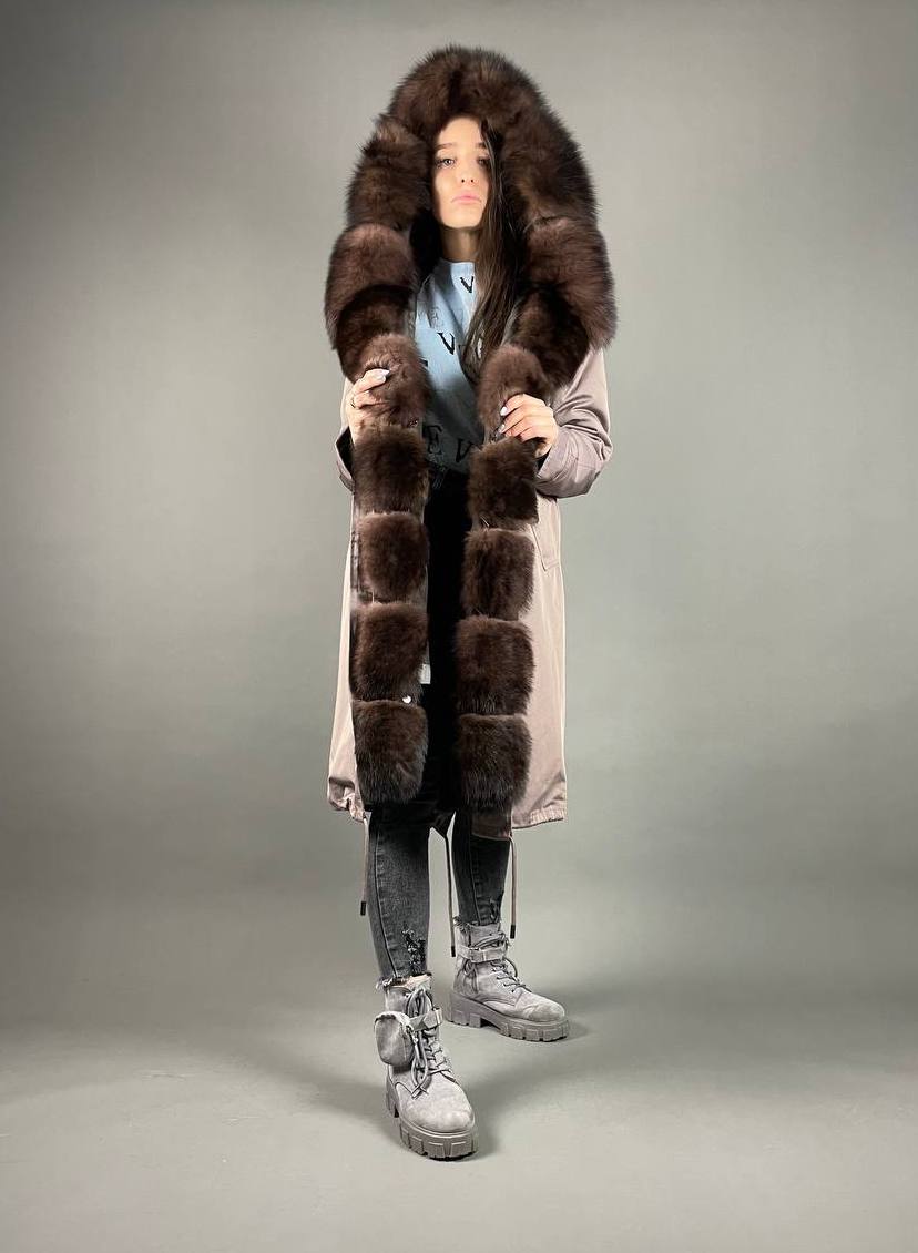 Parka Baltic Classic Cappucino with Brown Artic fur and lining Rex rabbit fur for women 110 cm 01681