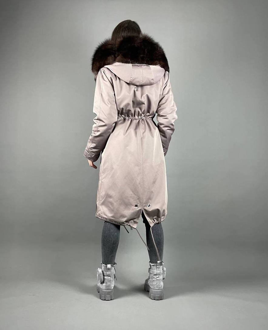 Parka Baltic Classic Cappucino with Brown Artic fur and lining Rex rabbit fur for women 110 cm 01681