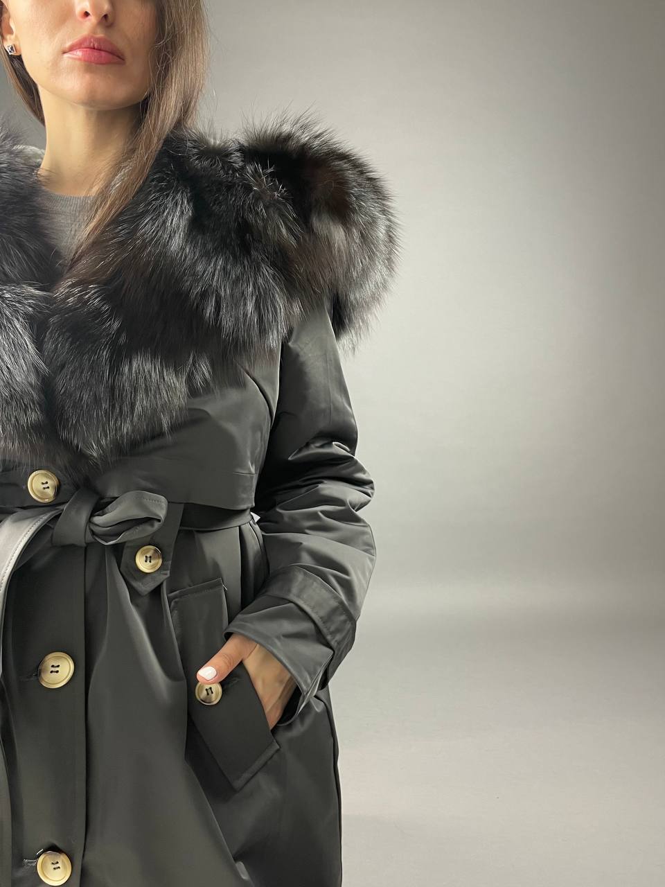 PARKA-TRENCH Baltic Graphite with Silver fox fur and lining Rex rabbit fur for women 110 cm