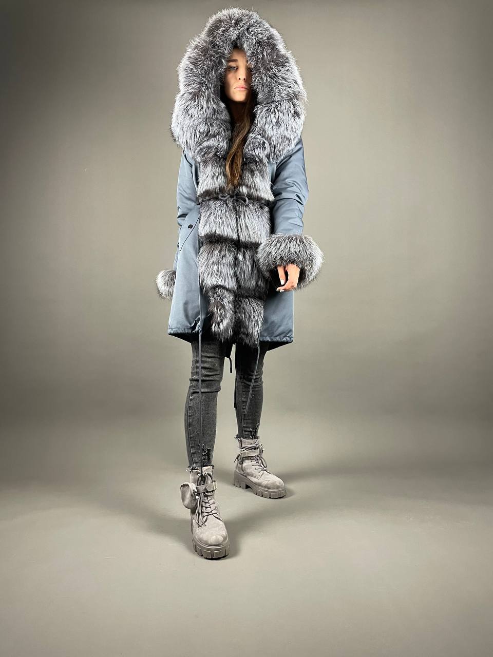 Parka Baltic Classic Light blue with Silver fox fur and lining Rex rabbit fur for women 105 cm