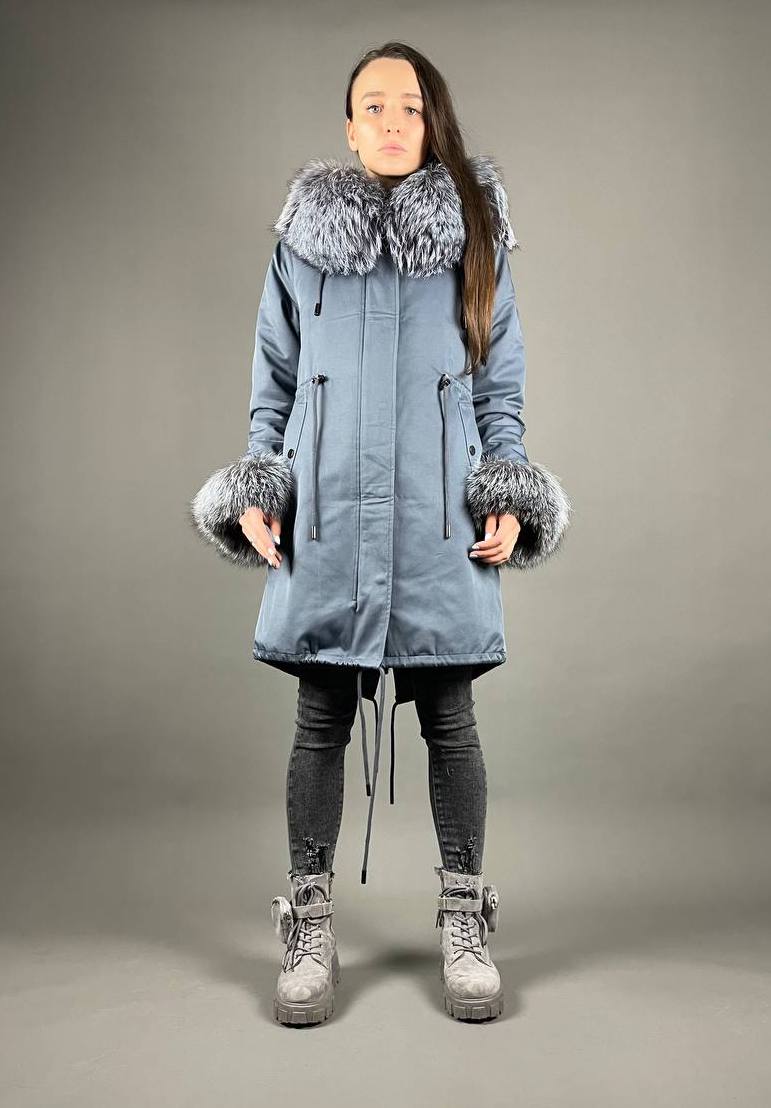 Parka Baltic Classic Light blue with Silver fox fur and lining Rex rabbit fur for women 105 cm