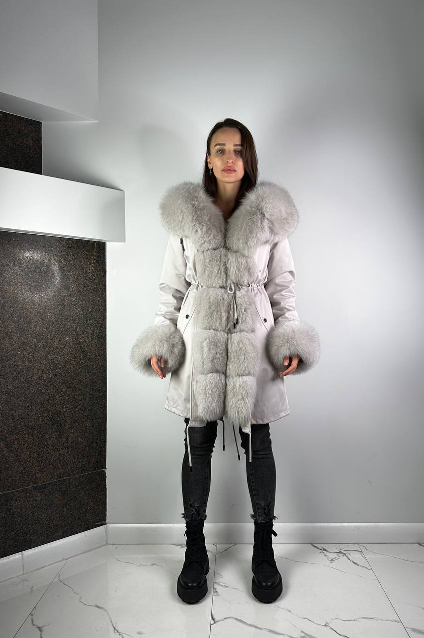 Parka Baltic Classic Light grey wuth Light grey Artic fur and lining Rex rabbit fur for women 95 cm