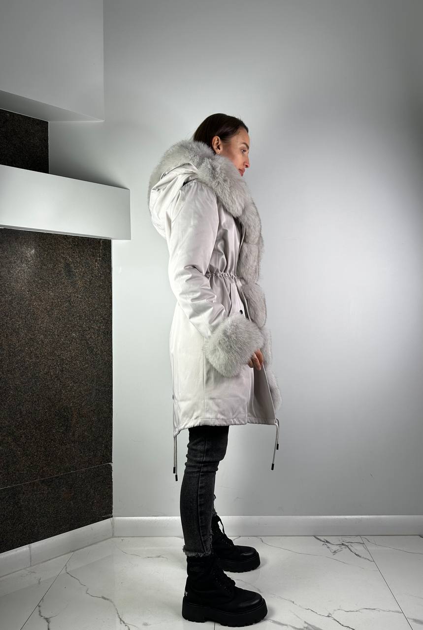 Parka Baltic Classic Light grey wuth Light grey Artic fur and lining Rex rabbit fur for women 95 cm