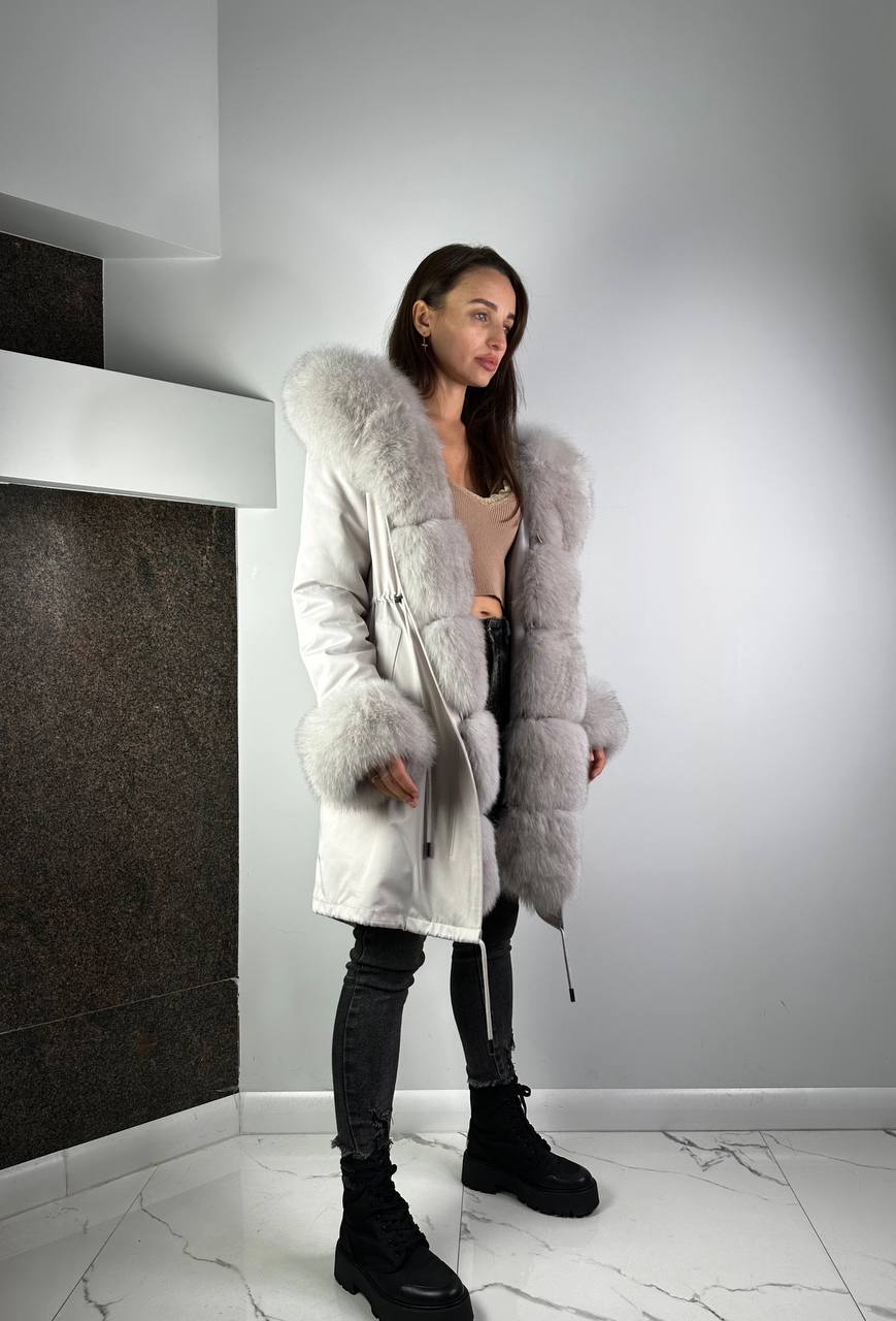 Parka Baltic Classic Light grey wuth Light grey Artic fur and lining Rex rabbit fur for women 95 cm