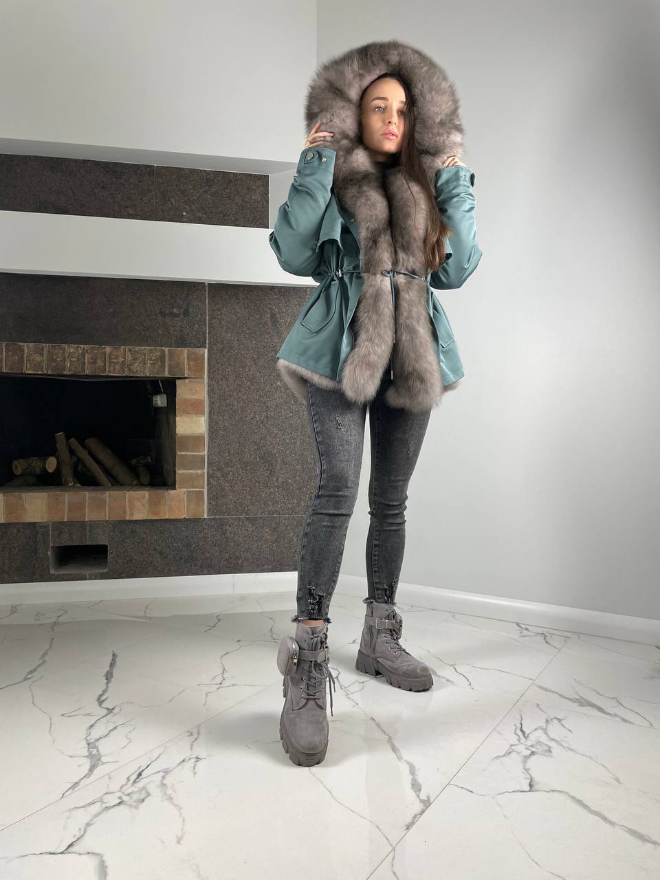 Parka Baltic XM Ocean with Grey Artic fur and lining Rex rabbit fur for women 70 cm