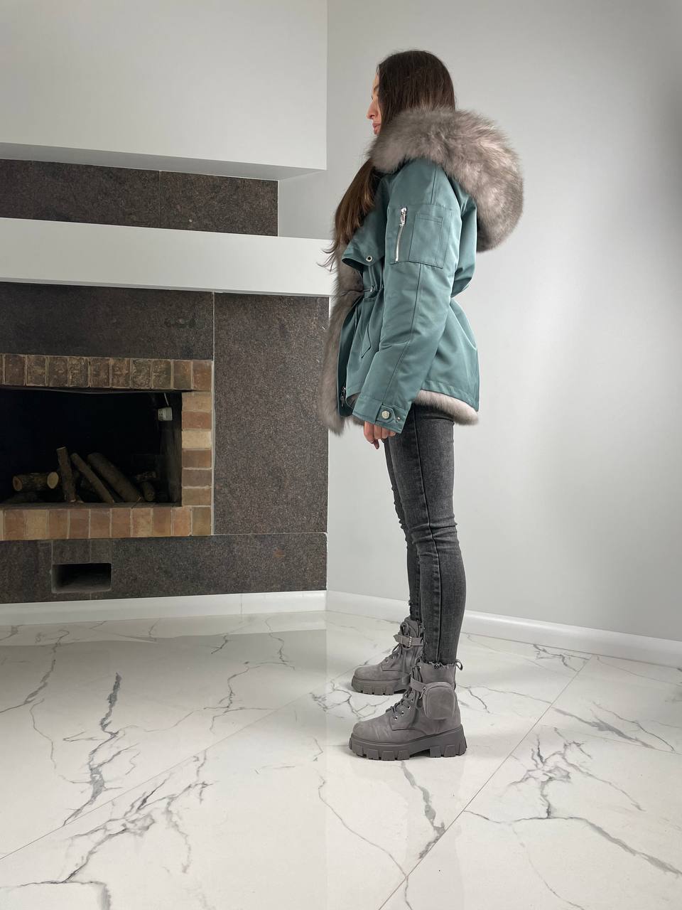 Parka Baltic XM Ocean with Grey Artic fur and lining Rex rabbit fur for women 70 cm