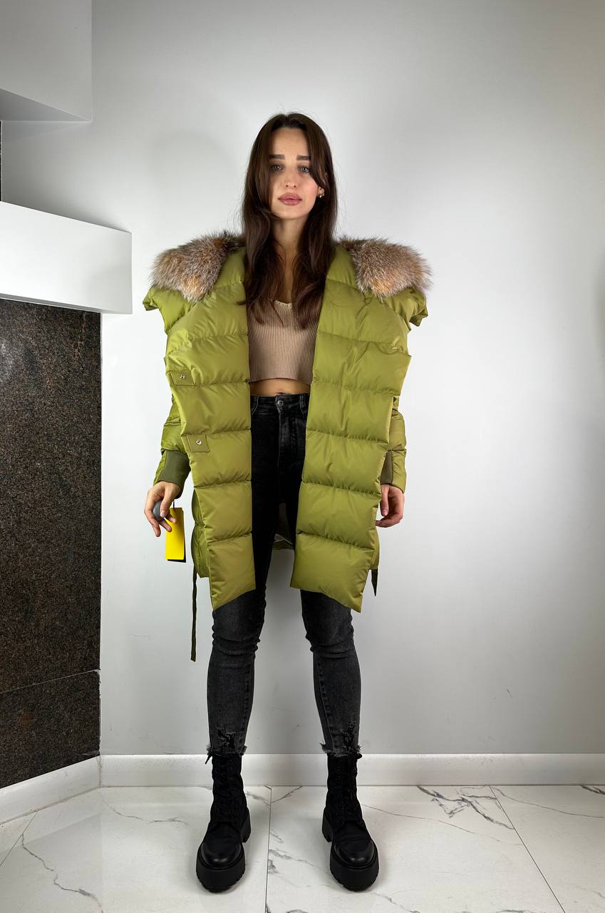 Down Jacket Olive green Beigie Full hood fur Baltic for women 80 cm