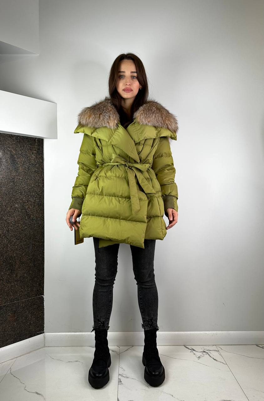 Down Jacket Olive green Beigie Full hood fur Baltic for women 80 cm