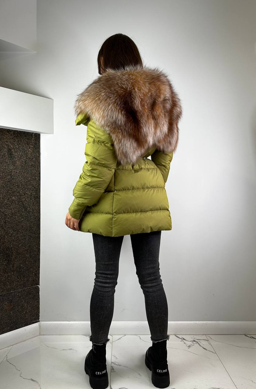 Down Jacket Olive green Beigie Full hood fur Baltic for women 80 cm