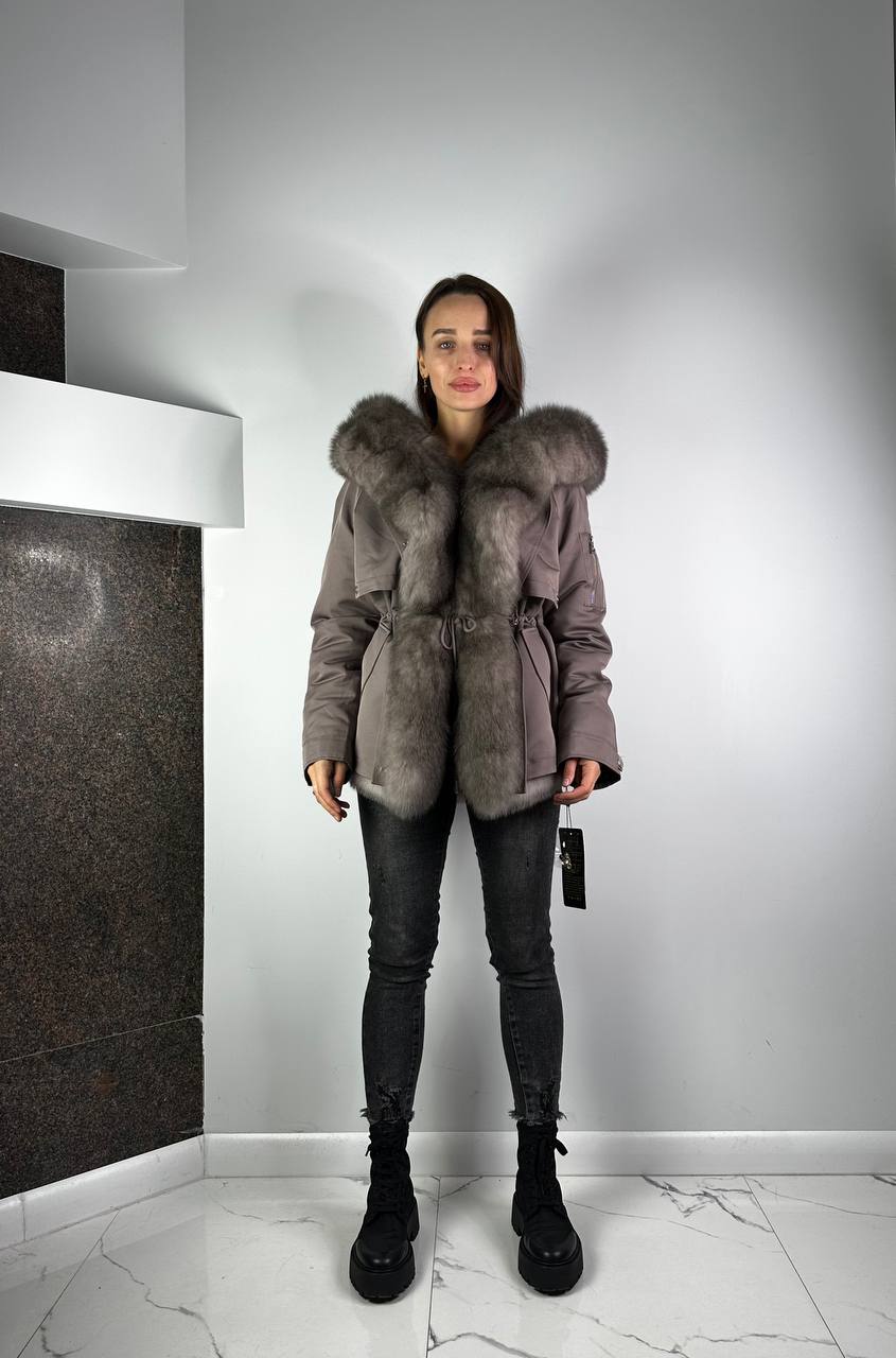 Parka Baltic XM Cappuccino with Grey Artic fur and lining Rex rabbit fur for women 70 cm