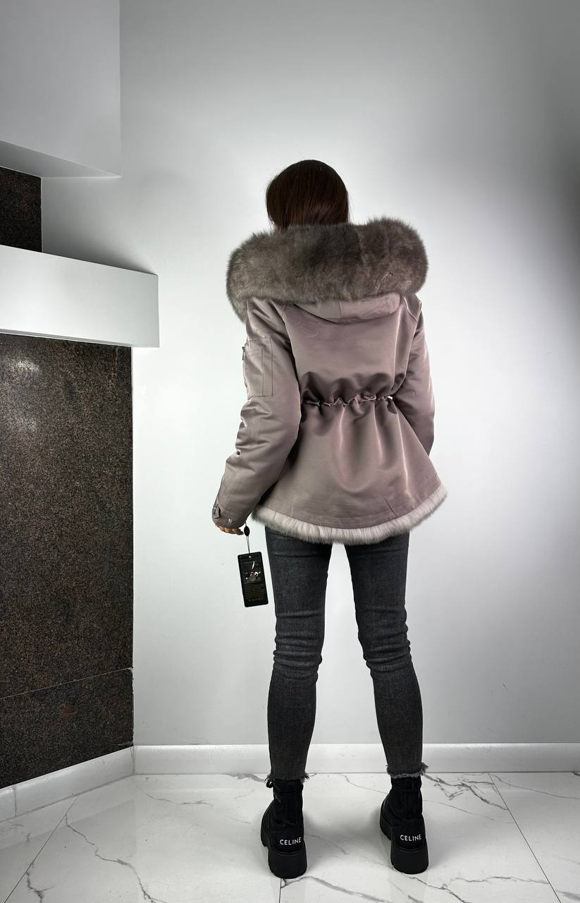 Parka Baltic XM Cappuccino with Grey Artic fur and lining Rex rabbit fur for women 70 cm