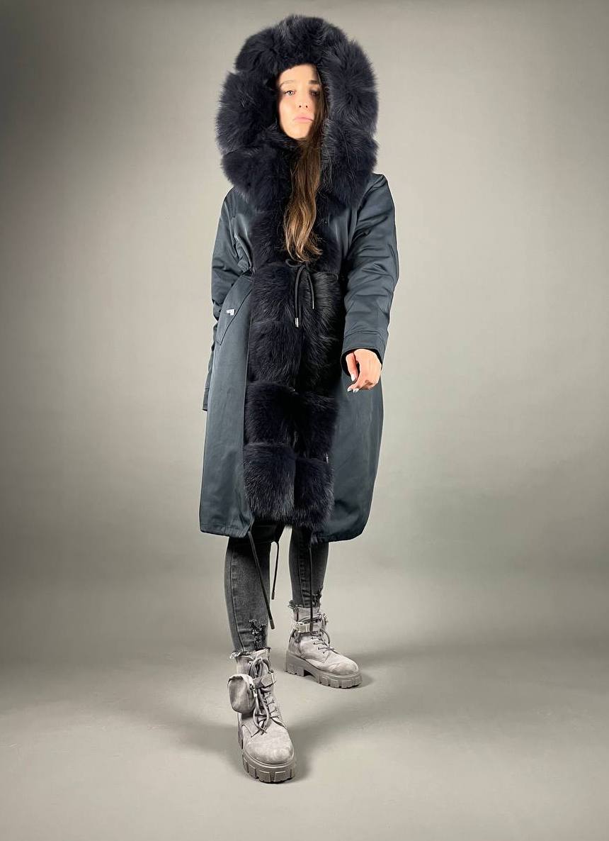 Parka Baltic Classic Tumši zila ar Tumši zilu Artic kažokādu Rex truša kažokāda sievietēm 110 cm