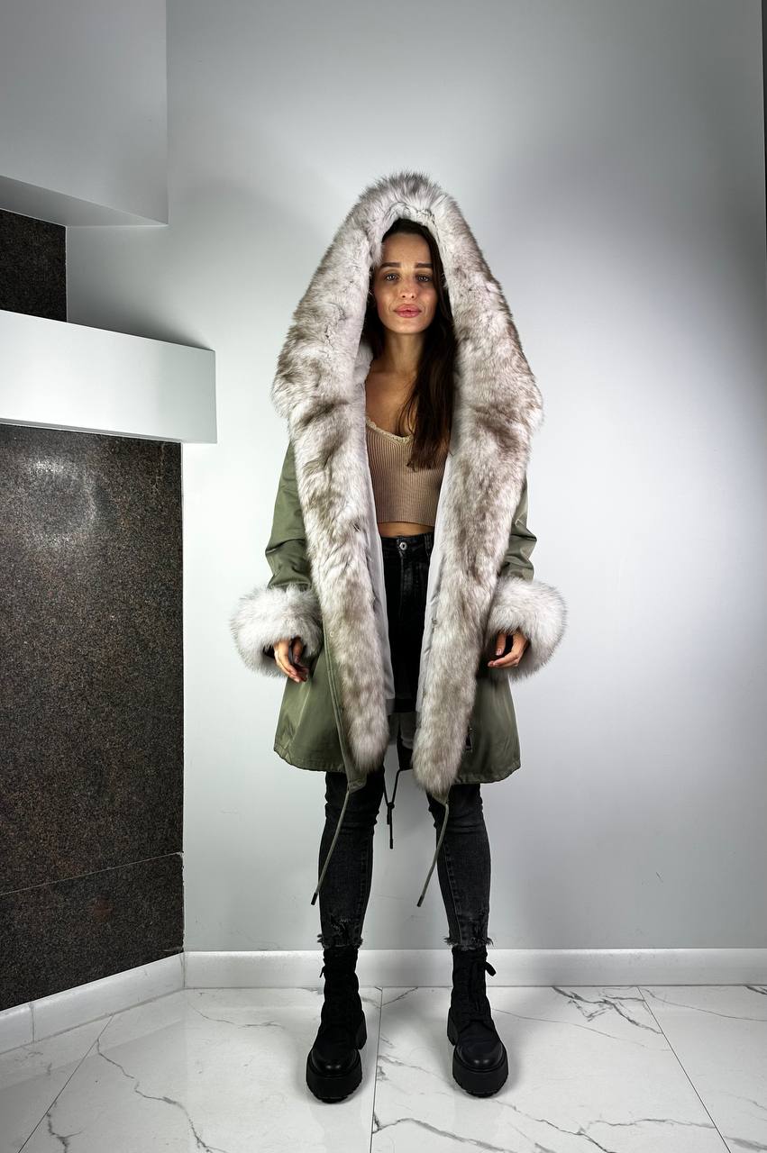 Parka Baltic Classic Olive with White-black Artic fur and lining Rex rabbit fur for women 95 cm