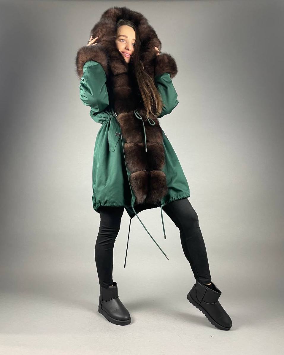PARKA Baltic Classic Green with Brown Artic fur and lining Rex rabbit fur for women 95 см