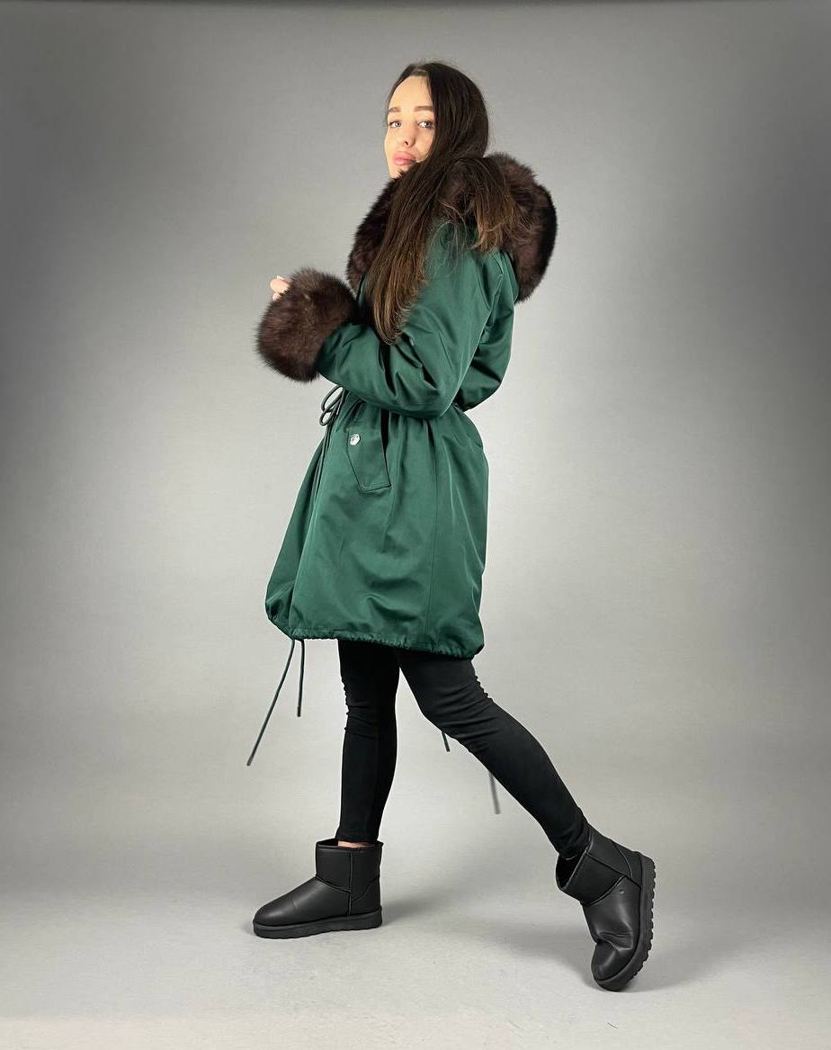 PARKA Baltic Classic Green with Brown Artic fur and lining Rex rabbit fur for women 95 см