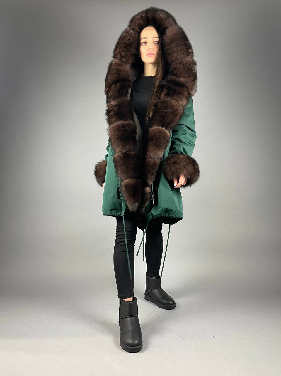 PARKA Baltic Classic Green with Brown Artic fur and lining Rex rabbit fur for women 95 см
