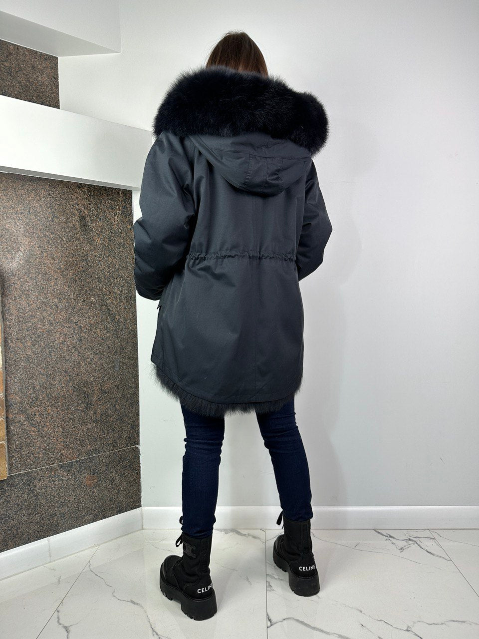 Parka Baltic Black with Dark grey fur and lining Rex rabbit fur for women 75 cm