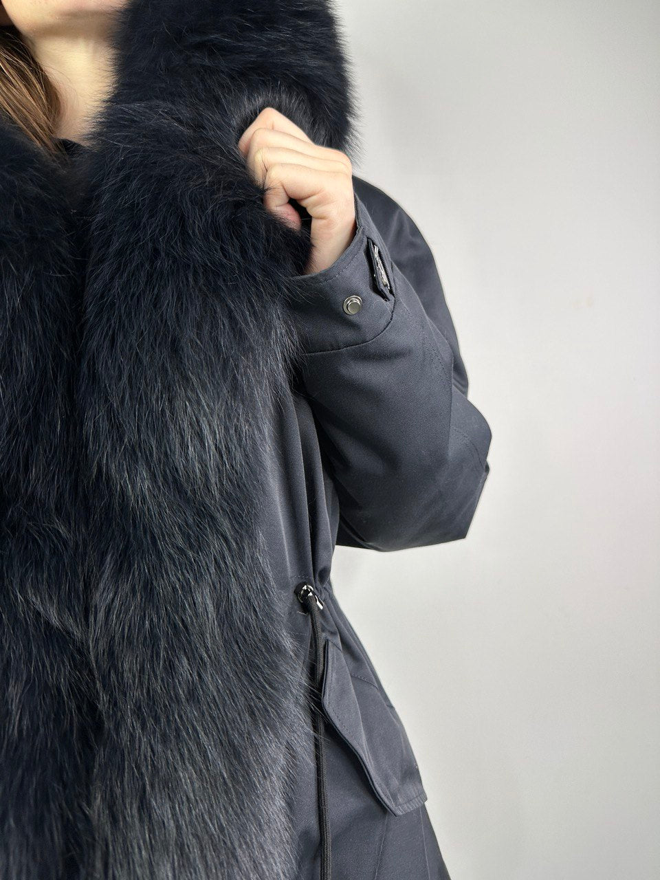 Parka Baltic Black with Dark grey fur and lining Rex rabbit fur for women 75 cm