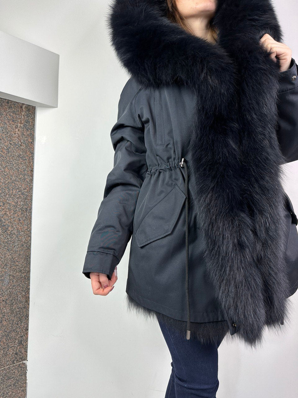 Parka Baltic Black with Dark grey fur and lining Rex rabbit fur for women 75 cm